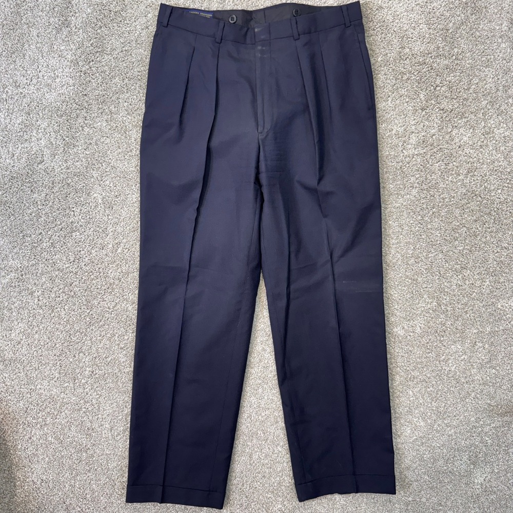 Brooks Brothers Wool Trousers Mens 33x30 Navy Blue Pleated Cuffed EUC